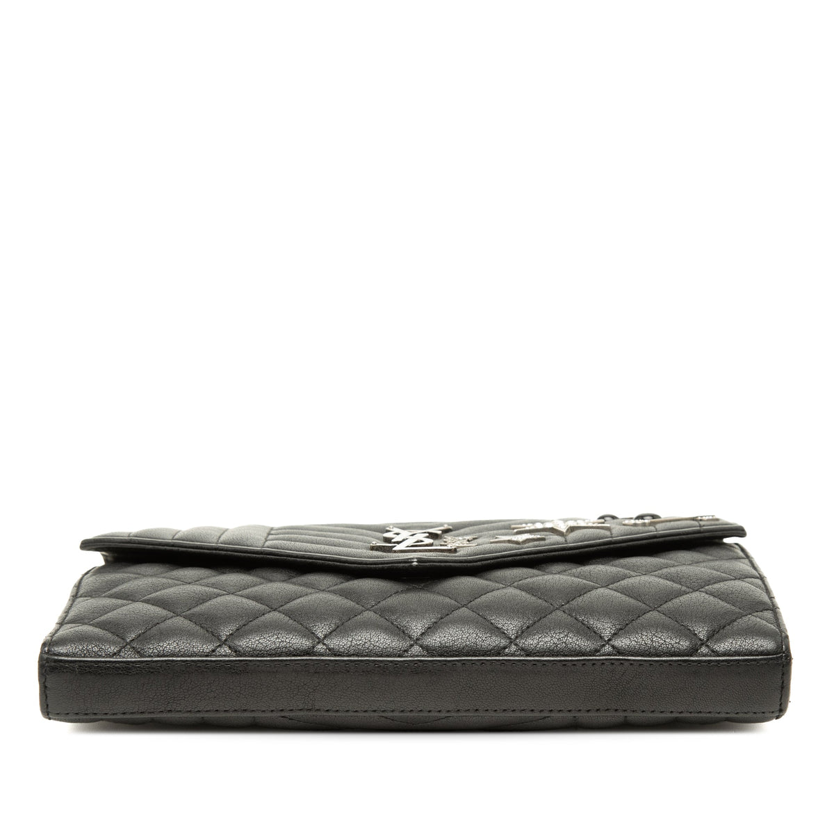 Saint Laurent Sheepskin Triquilt Monogram Charms Envelope Wallet on Chain — Black