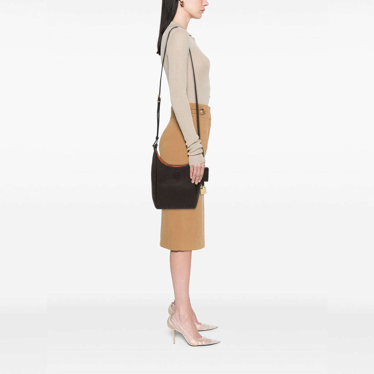 Miu Miu Textured Leather Crossbody — Brown