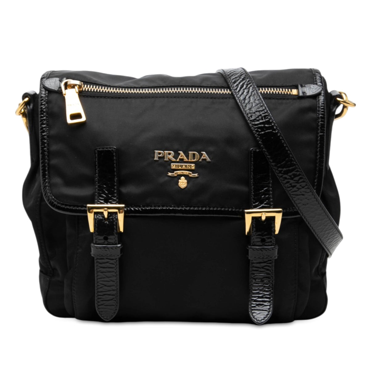 Prada Tessuto Zip Double Buckle Messenger Bag