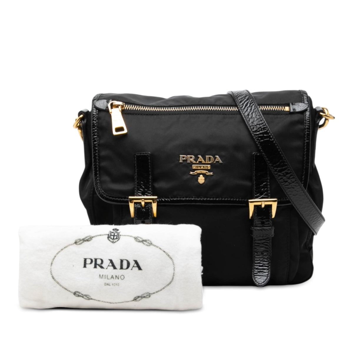 Prada Tessuto Zip Double Buckle Messenger Bag
