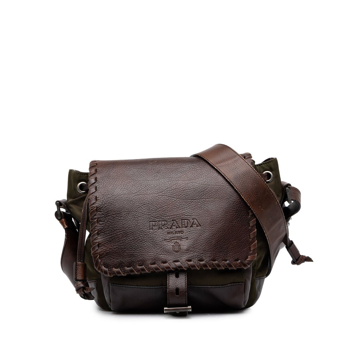 Prada Tessuto and Leather Whipstitch Crossbody — Green
