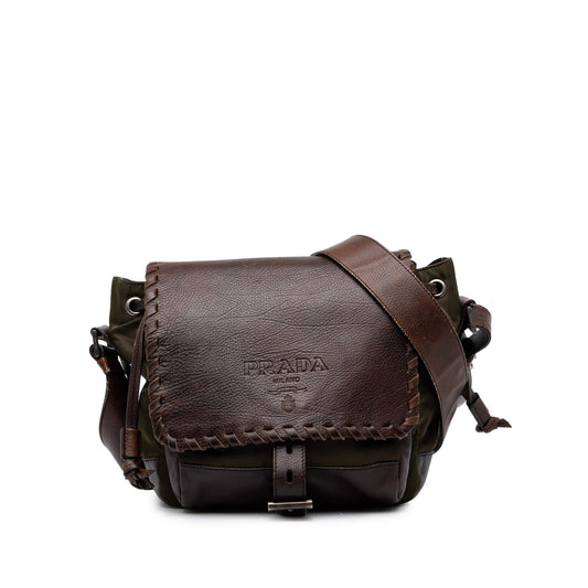 Prada Tessuto and Leather Whipstitch Crossbody — Green