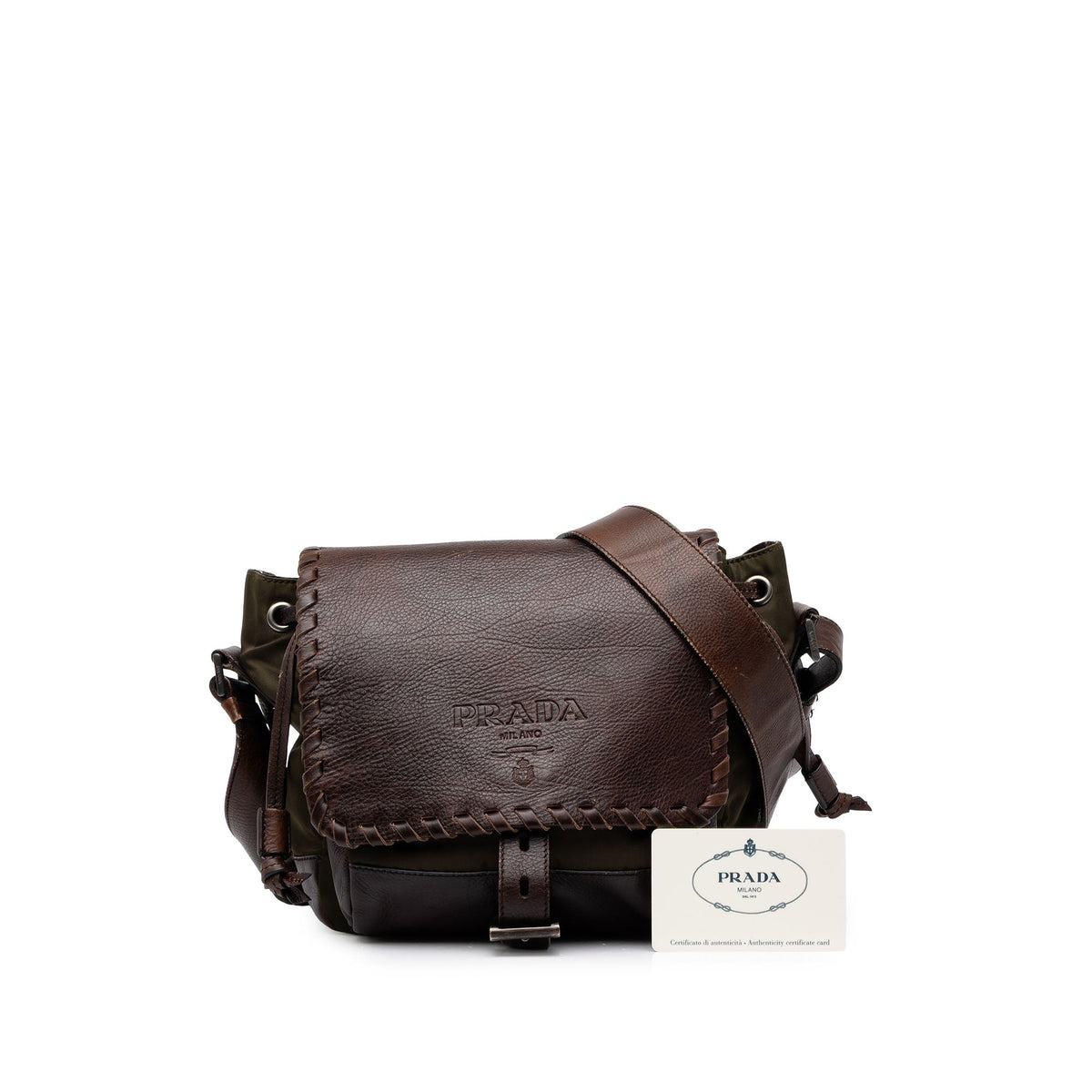 Prada Tessuto and Leather Whipstitch Crossbody — Green