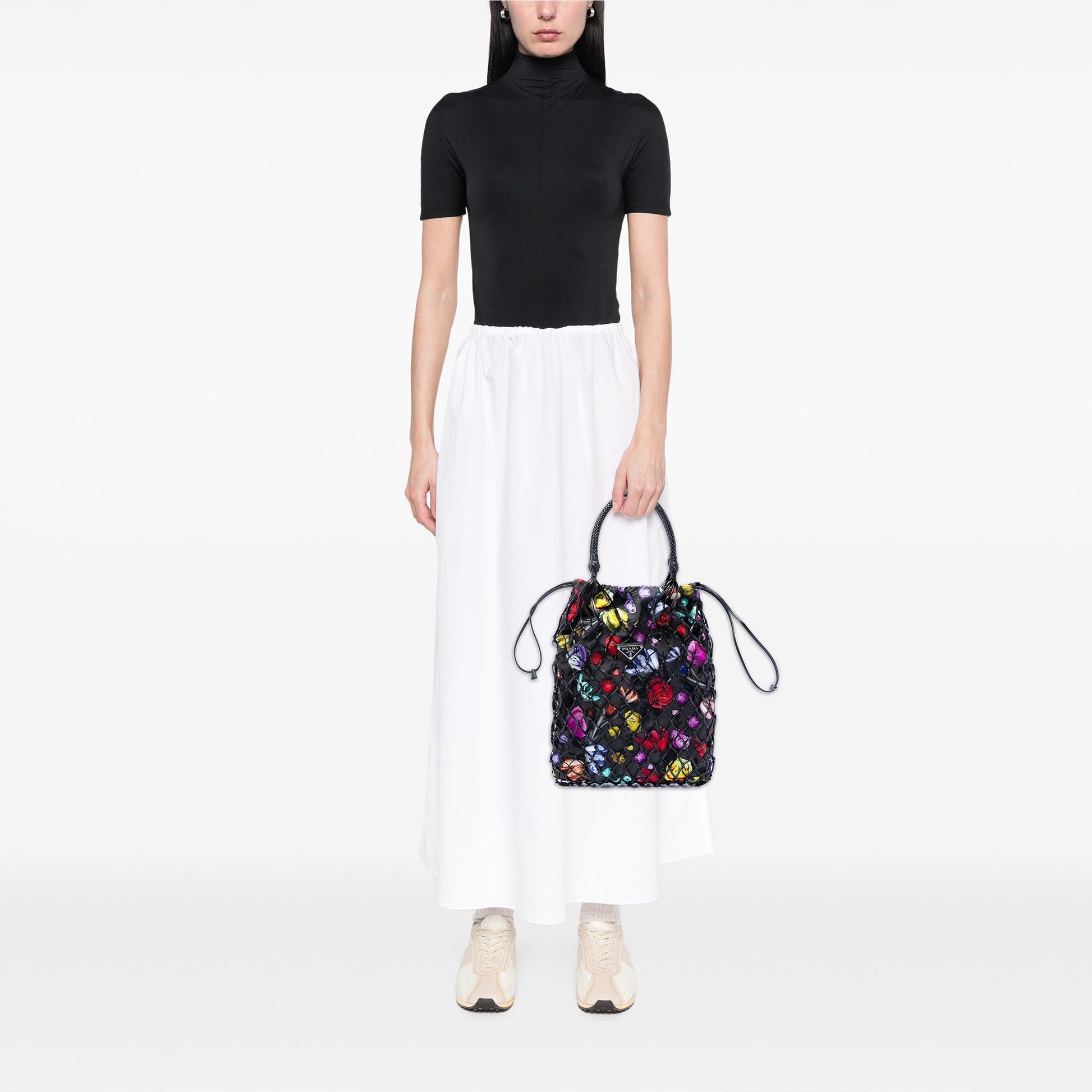 Mesh Leather and Floral Printed Tessuto Tote