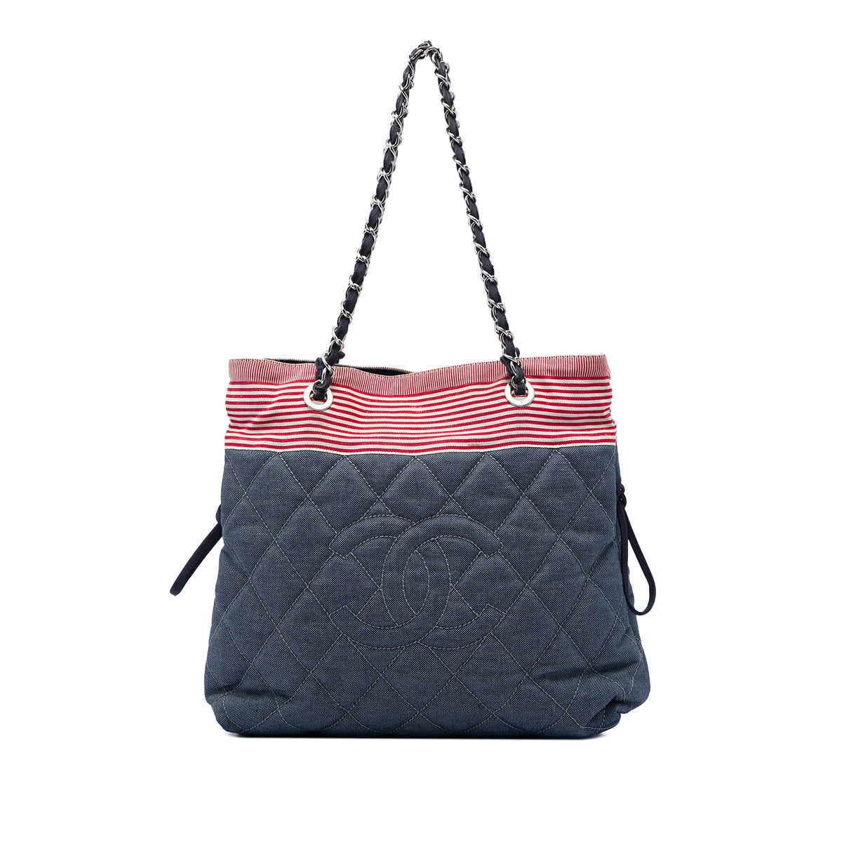 Chanel CC Quilted Denim Grosgrain Drawstring Tote