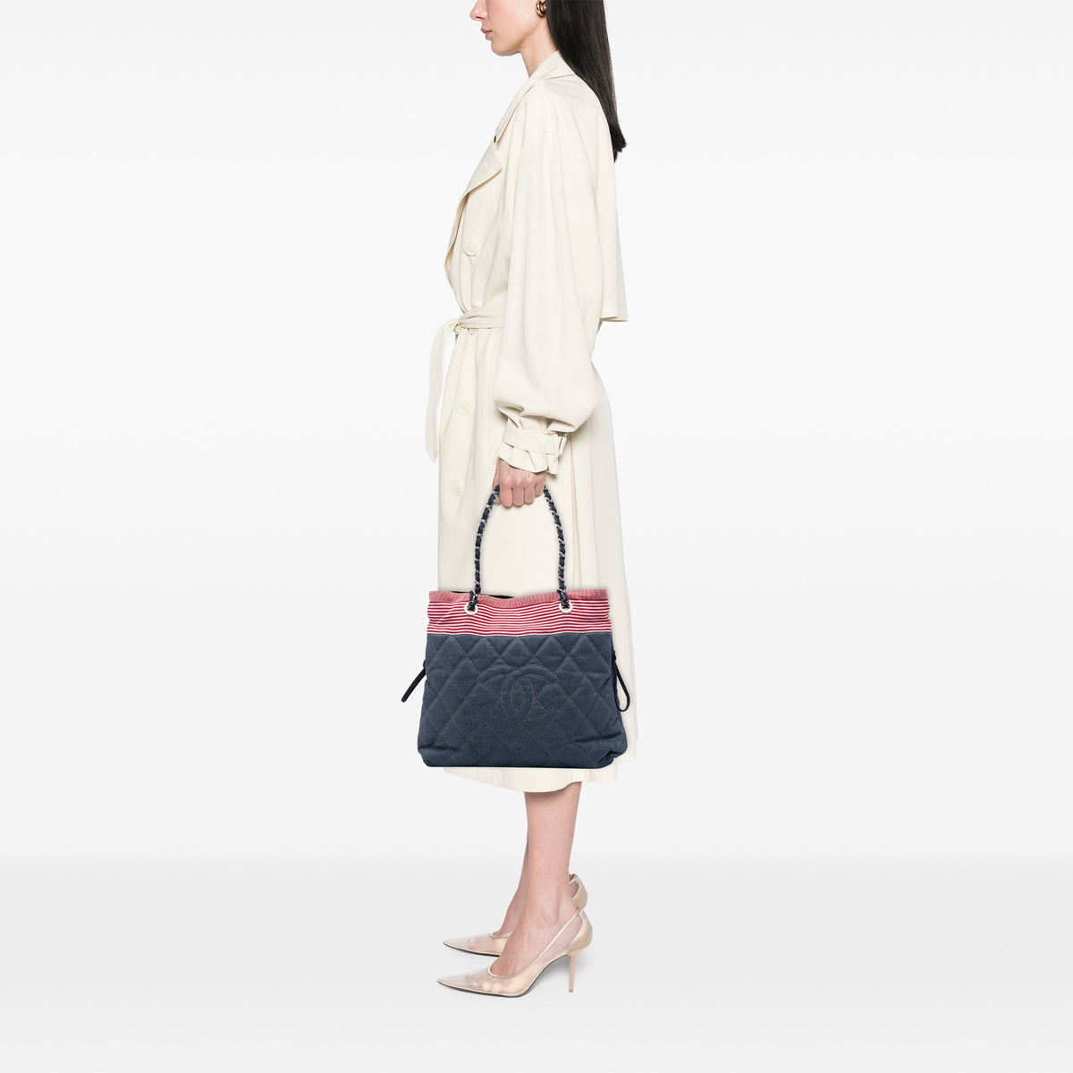 Chanel CC Quilted Denim Grosgrain Drawstring Tote