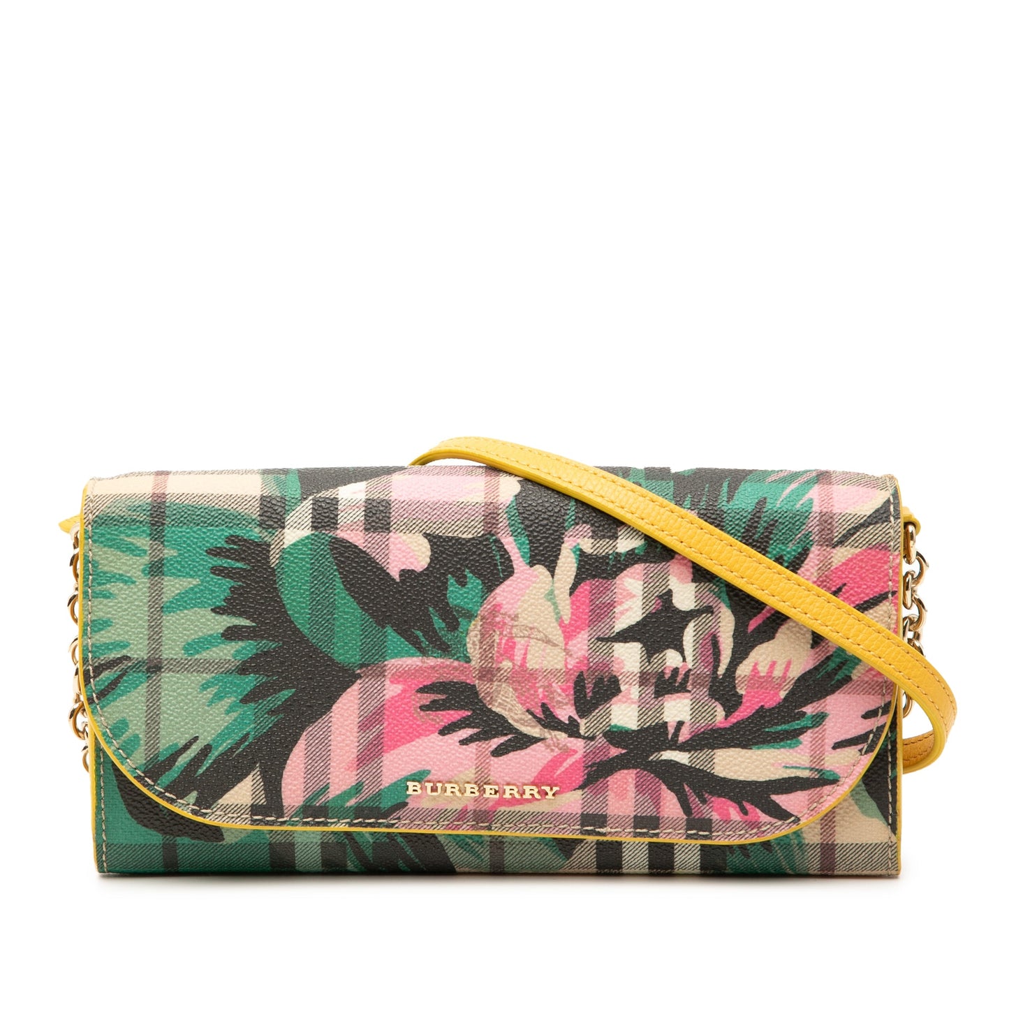 Burberry Haymarket Check Floral Coated Canvas and Leather Izzy Wallet on Chain