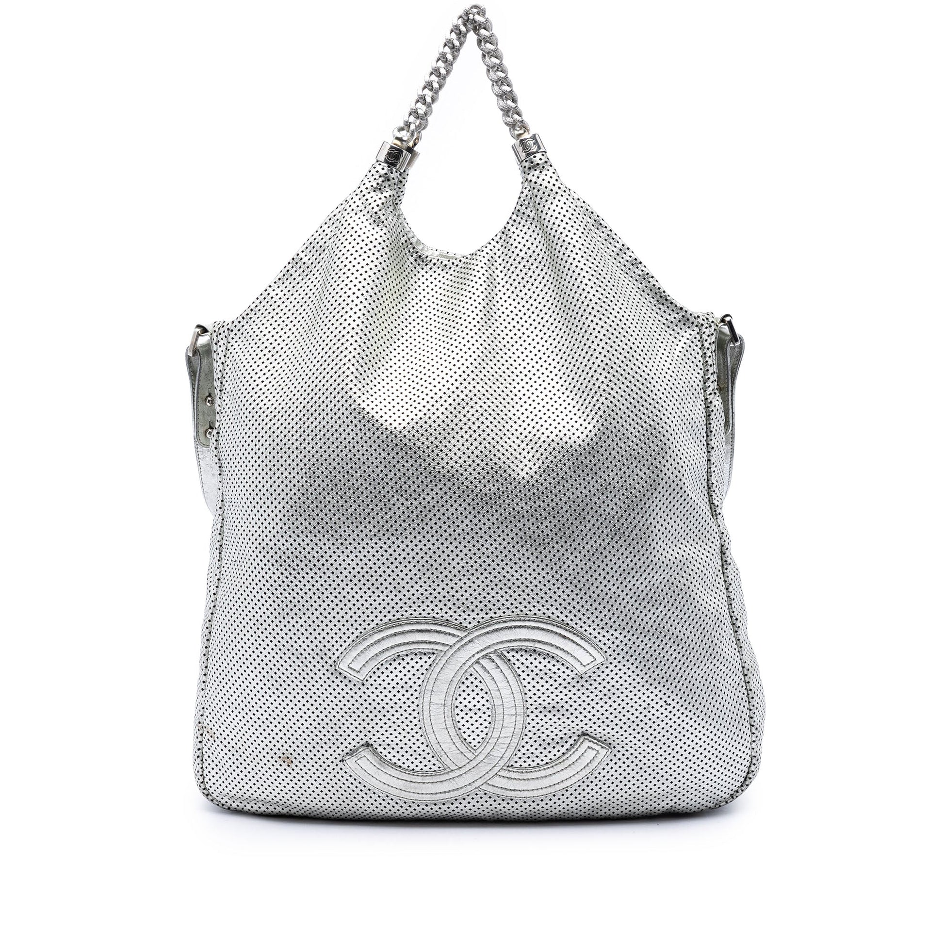 Chanel Large Metallic Glazed Calfskin Perforated Rodeo Drive Satchel
