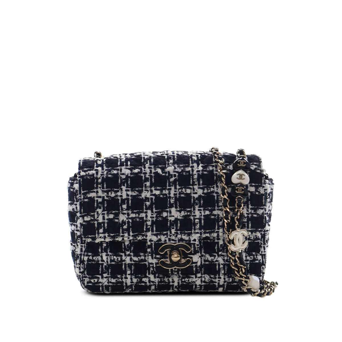 Chanel Mini Square Tweed Coco Heart Chain Flap — Black