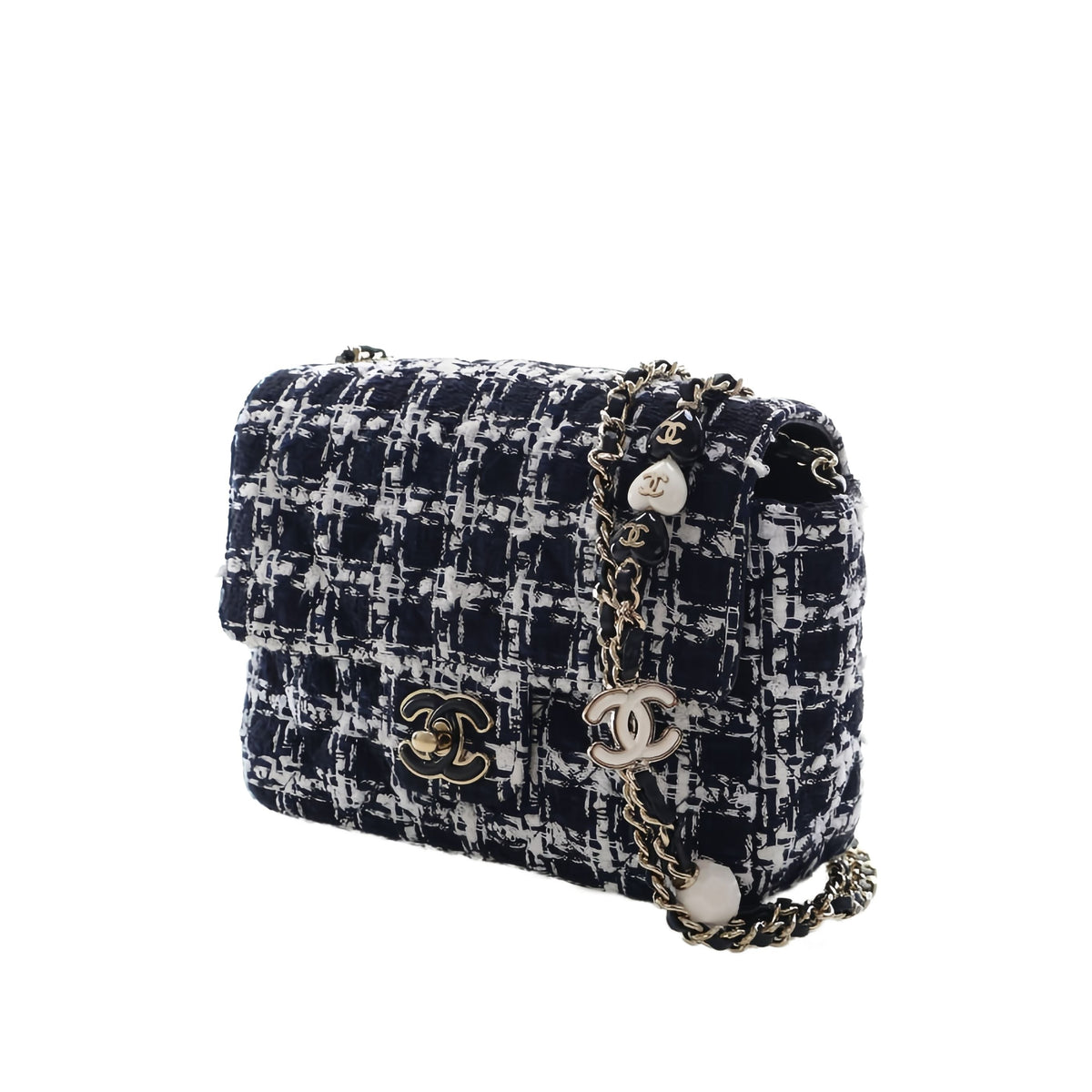Chanel Mini Square Tweed Coco Heart Chain Flap — Black
