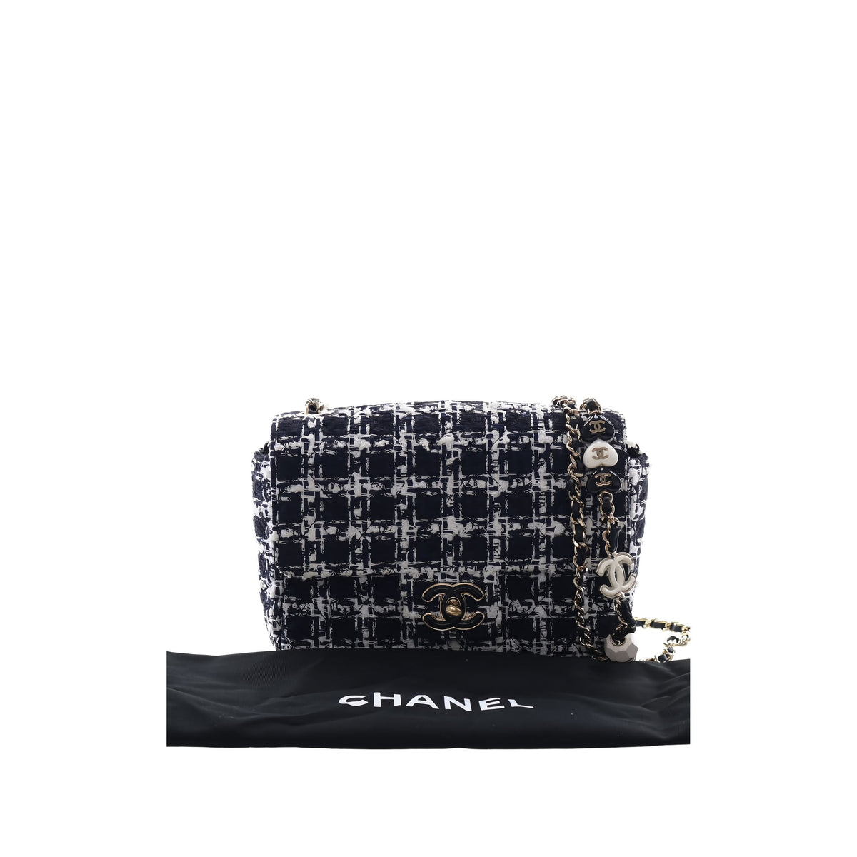 Chanel Mini Square Tweed Coco Heart Chain Flap — Black