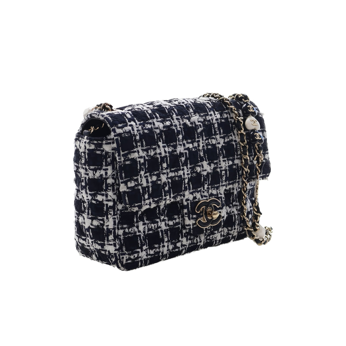 Chanel Mini Square Tweed Coco Heart Chain Flap — Black
