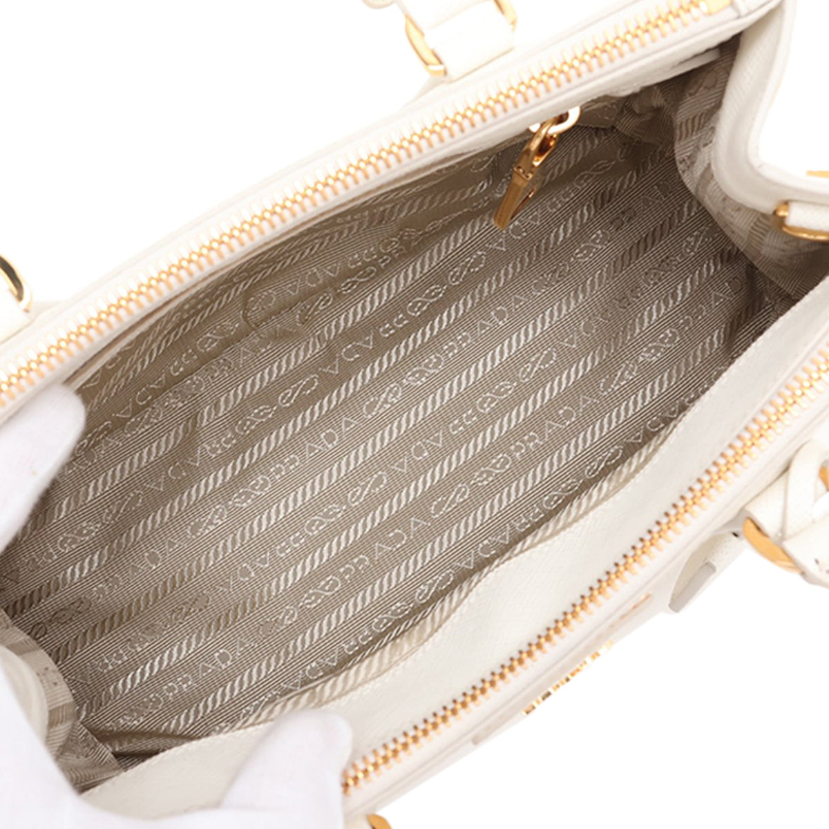 Prada Small Metallic Saffiano Galleria Double Zip Satchel — White