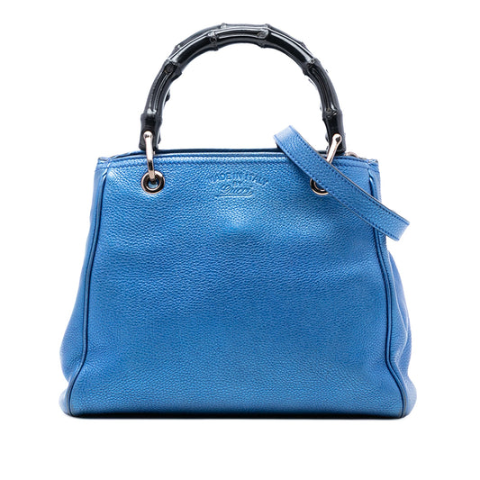 Small Metallic Calfskin Bamboo Shopper Satchel