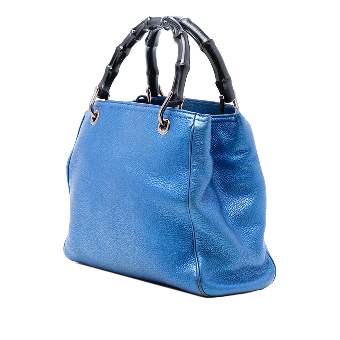 Small Metallic Calfskin Bamboo Shopper Satchel