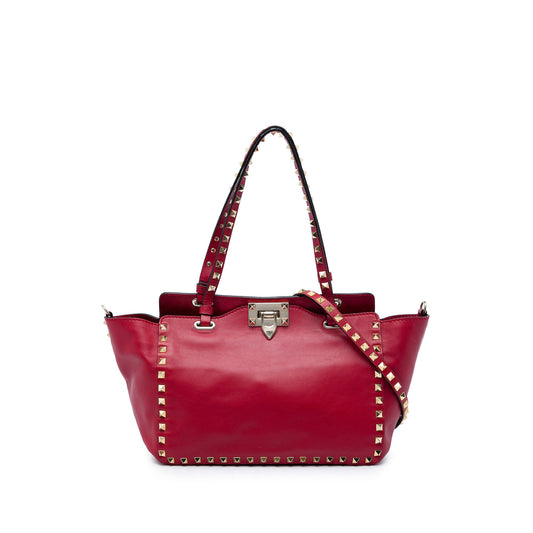 Valentino Small Leather Rockstud Trapeze Satchel — Red