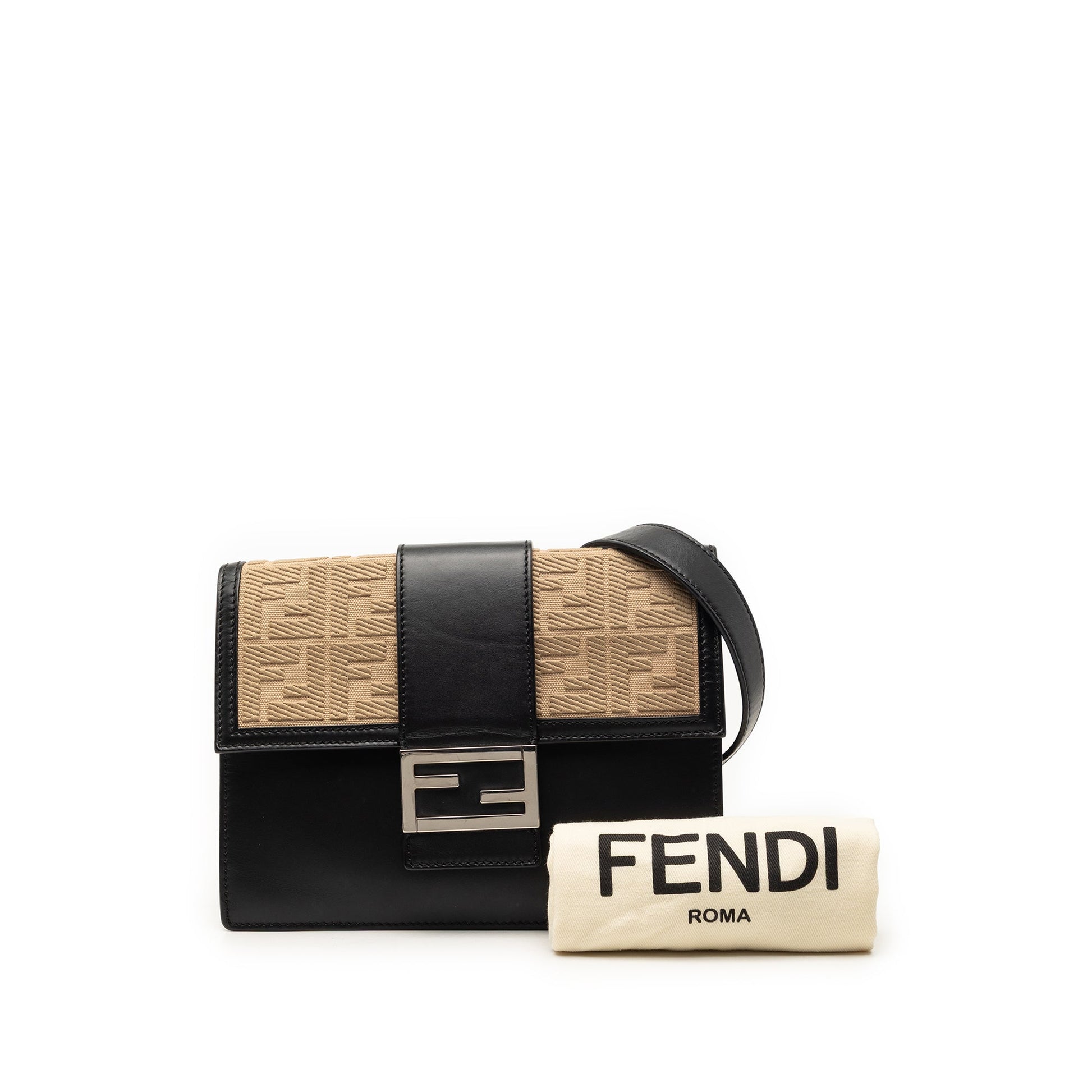 Fendi Calfskin and Canvas FF 1974 Flat Baguette Crossbody