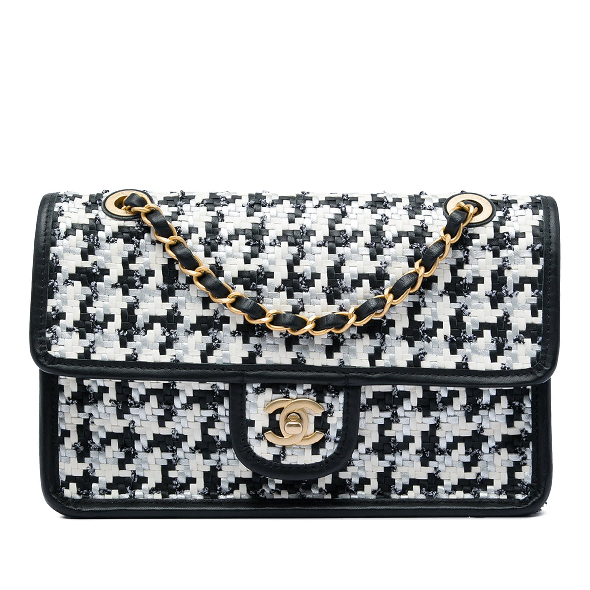 Chanel CC Woven Lambskin and Viscose Houndstooth Single Flap — White