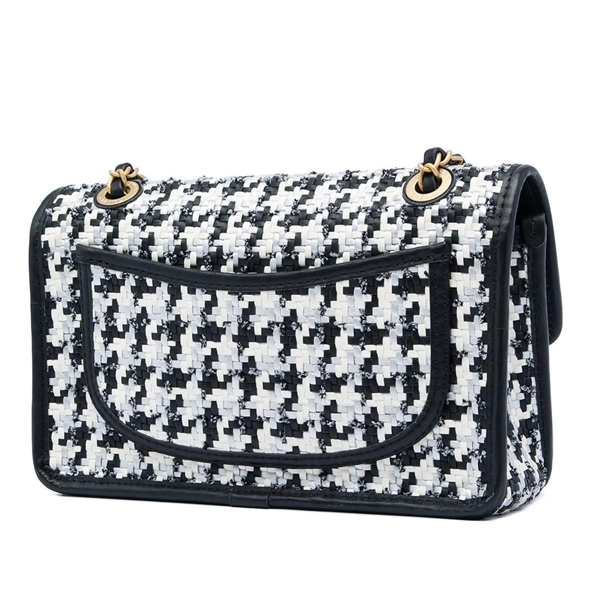 Chanel CC Woven Lambskin and Viscose Houndstooth Single Flap — White