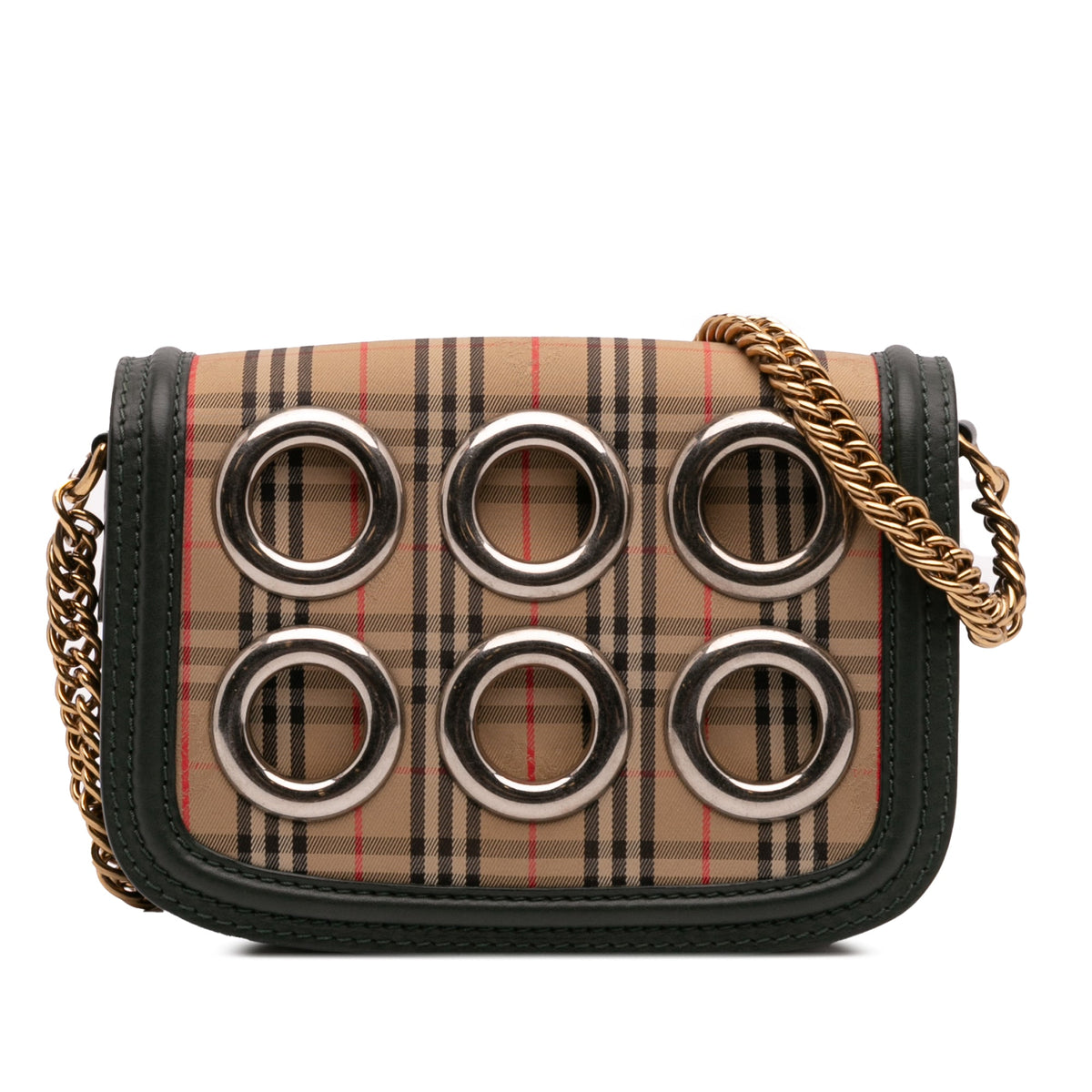 Burberry 1983 Knight Check Canvas and Smooth Calfskin Grommet Chain Crossbody — Beige