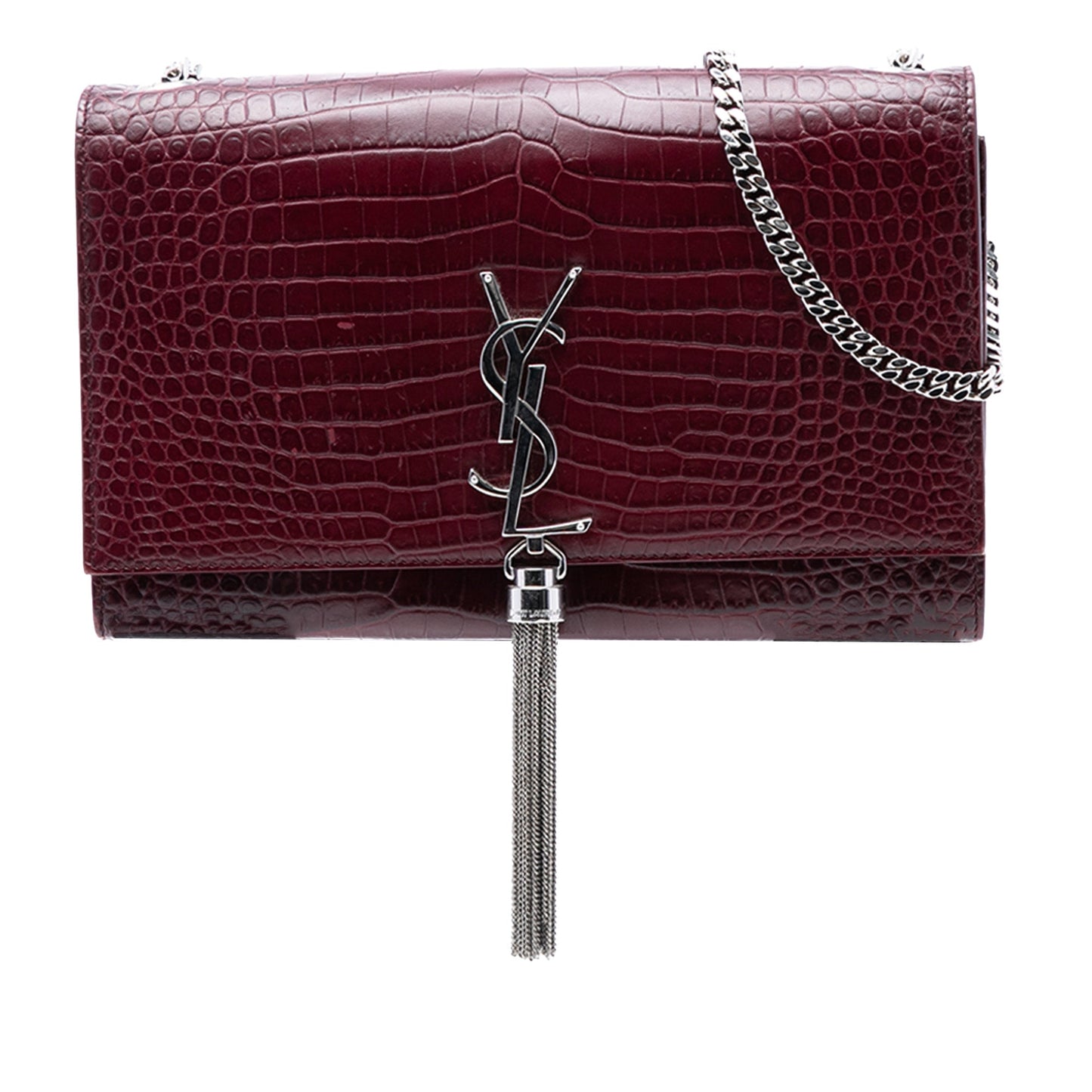 Saint Laurent Medium Croc Embossed Leather Monogram Kate Tassel Crossbody