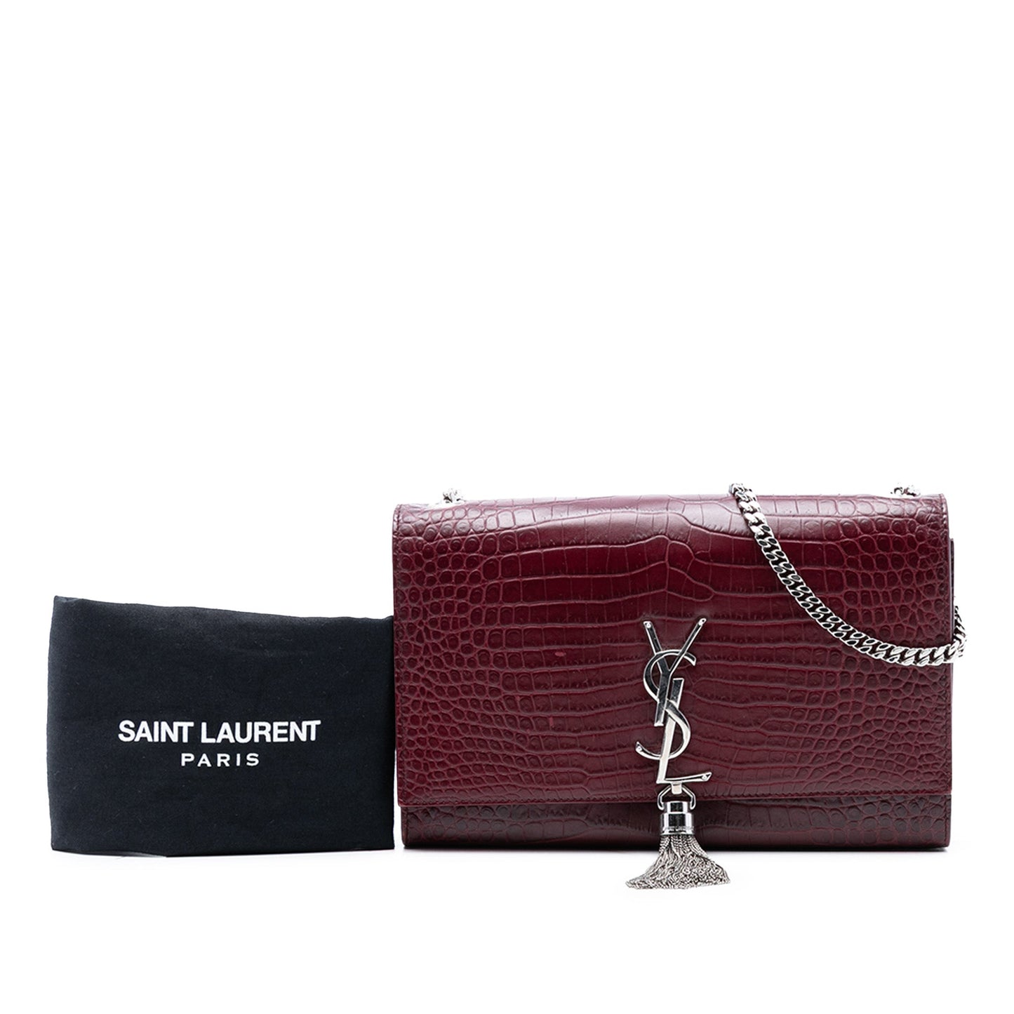 Saint Laurent Medium Croc Embossed Leather Monogram Kate Tassel Crossbody
