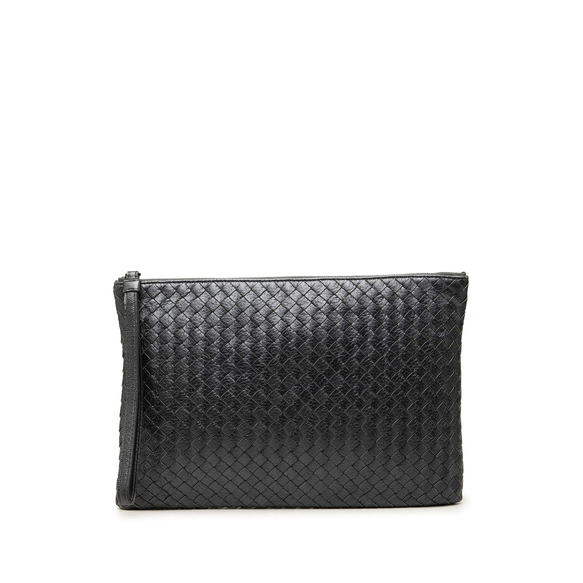 Bottega Veneta Metallic Leather Intrecciato Clutch — Black