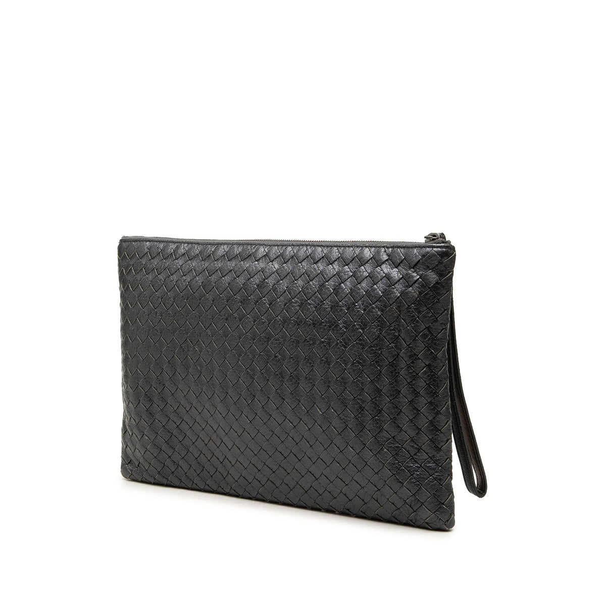 Bottega Veneta Metallic Leather Intrecciato Clutch — Black