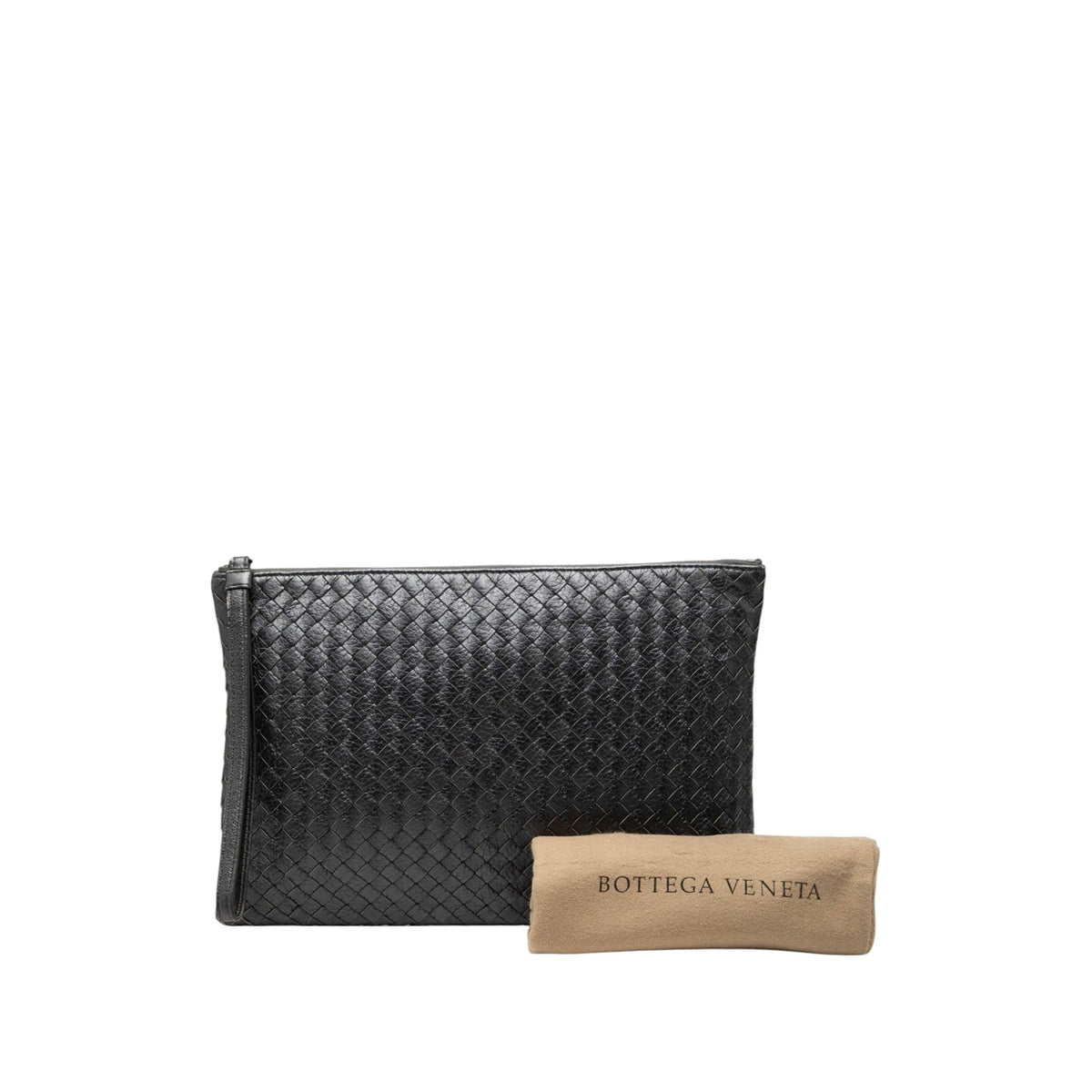Bottega Veneta Metallic Leather Intrecciato Clutch — Black