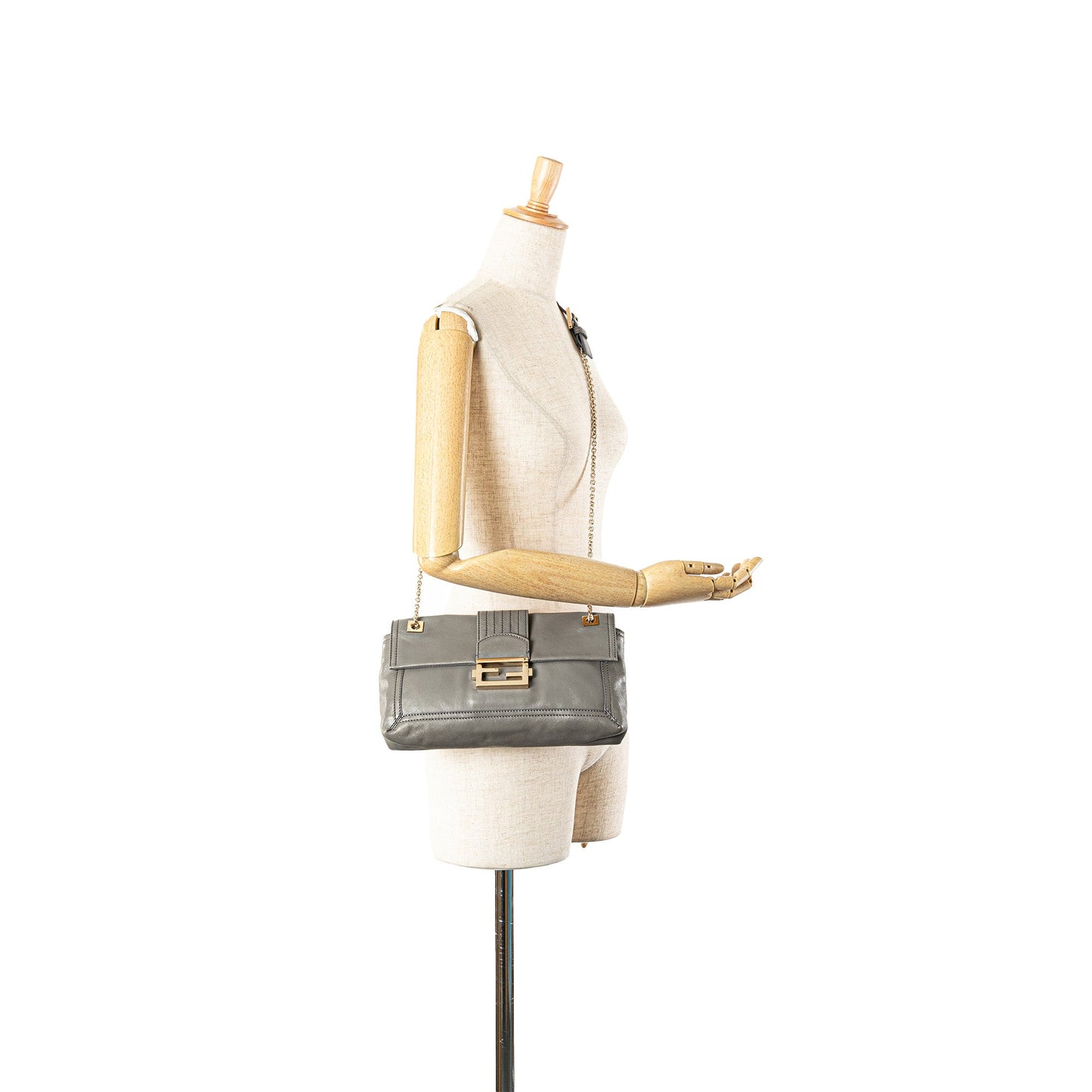 Fendi Glazed Leather Chain Flap Baguette Crossbody