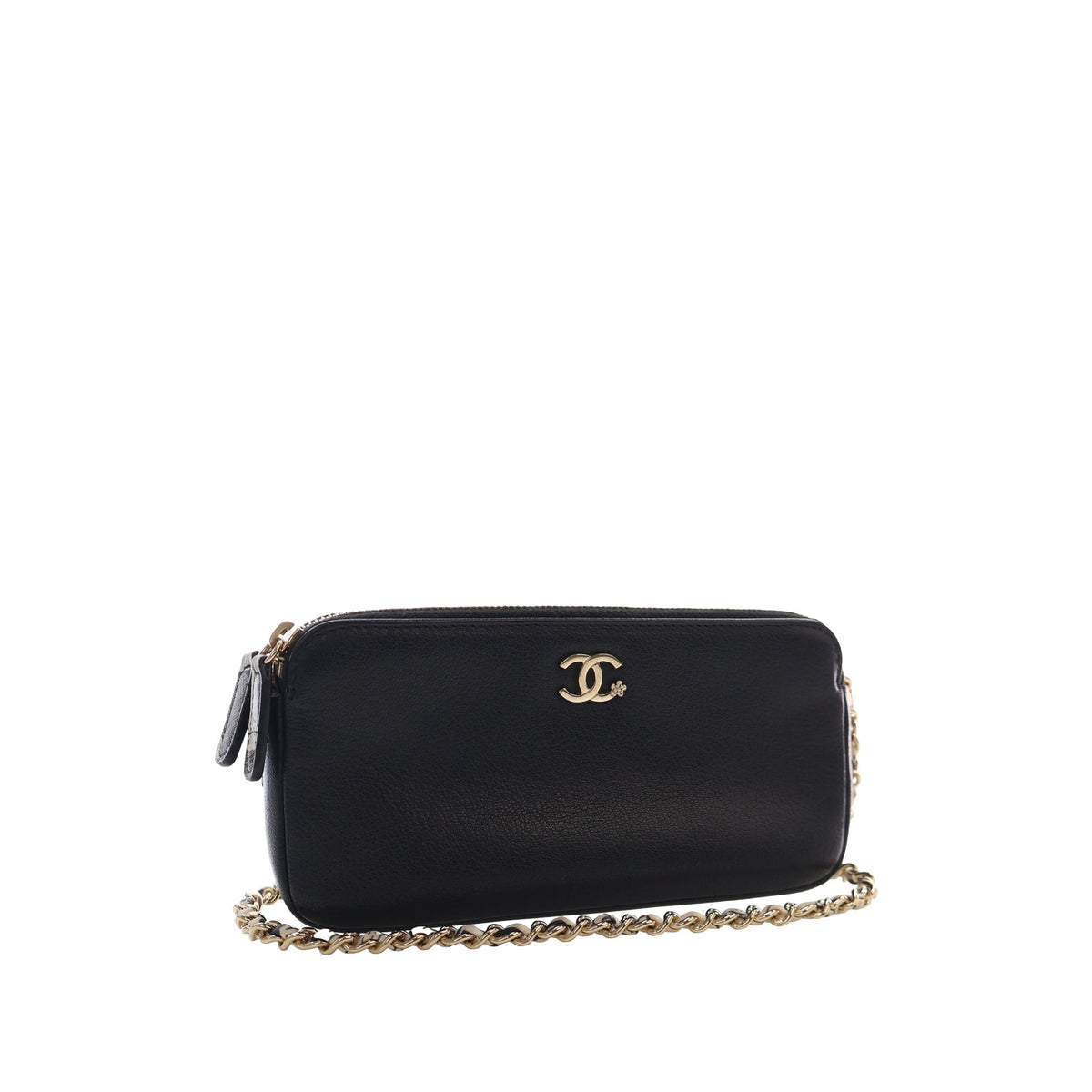 Chanel CC Calfskin Double Zip Wallet On Chain — Black