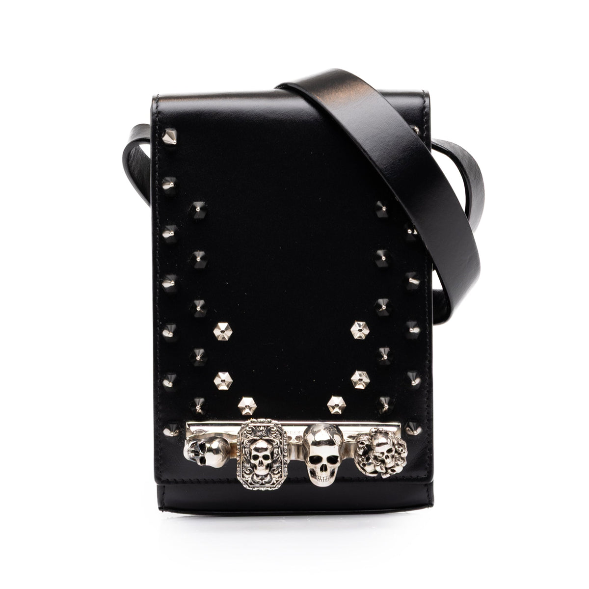 Alexander McQueen Studded Leather Skull Four Ring Crossbody — Black