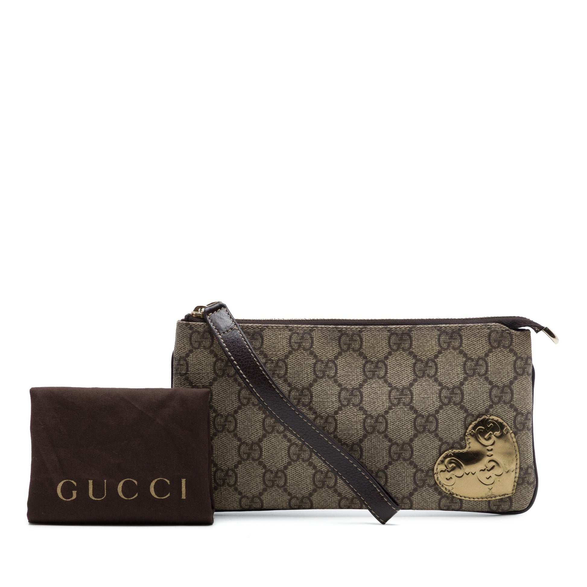 Gucci Guccissima Heart Trimmed GG Supreme Wristlet Clutch