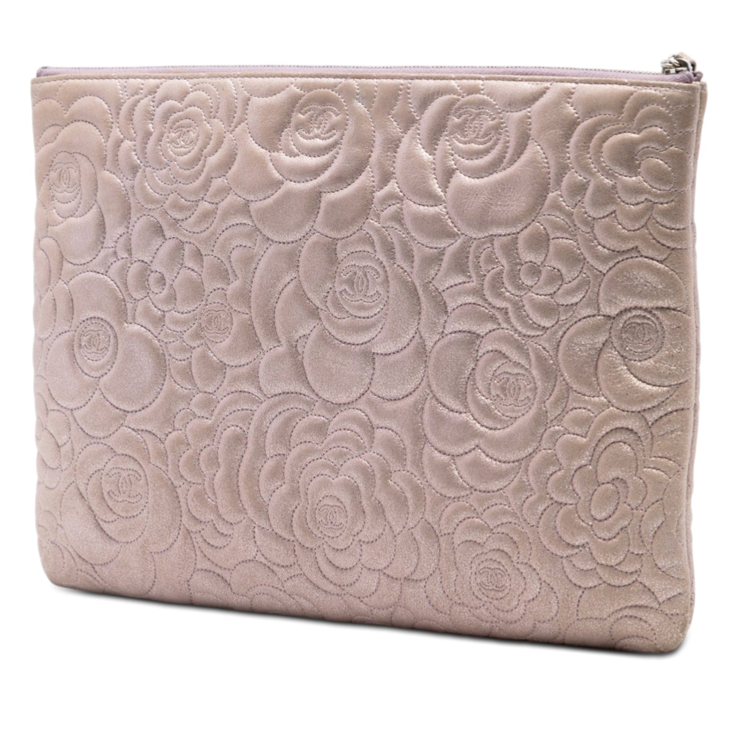 Chanel Large CC Embossed Metallic Lambskin Camellia O Case Clutch