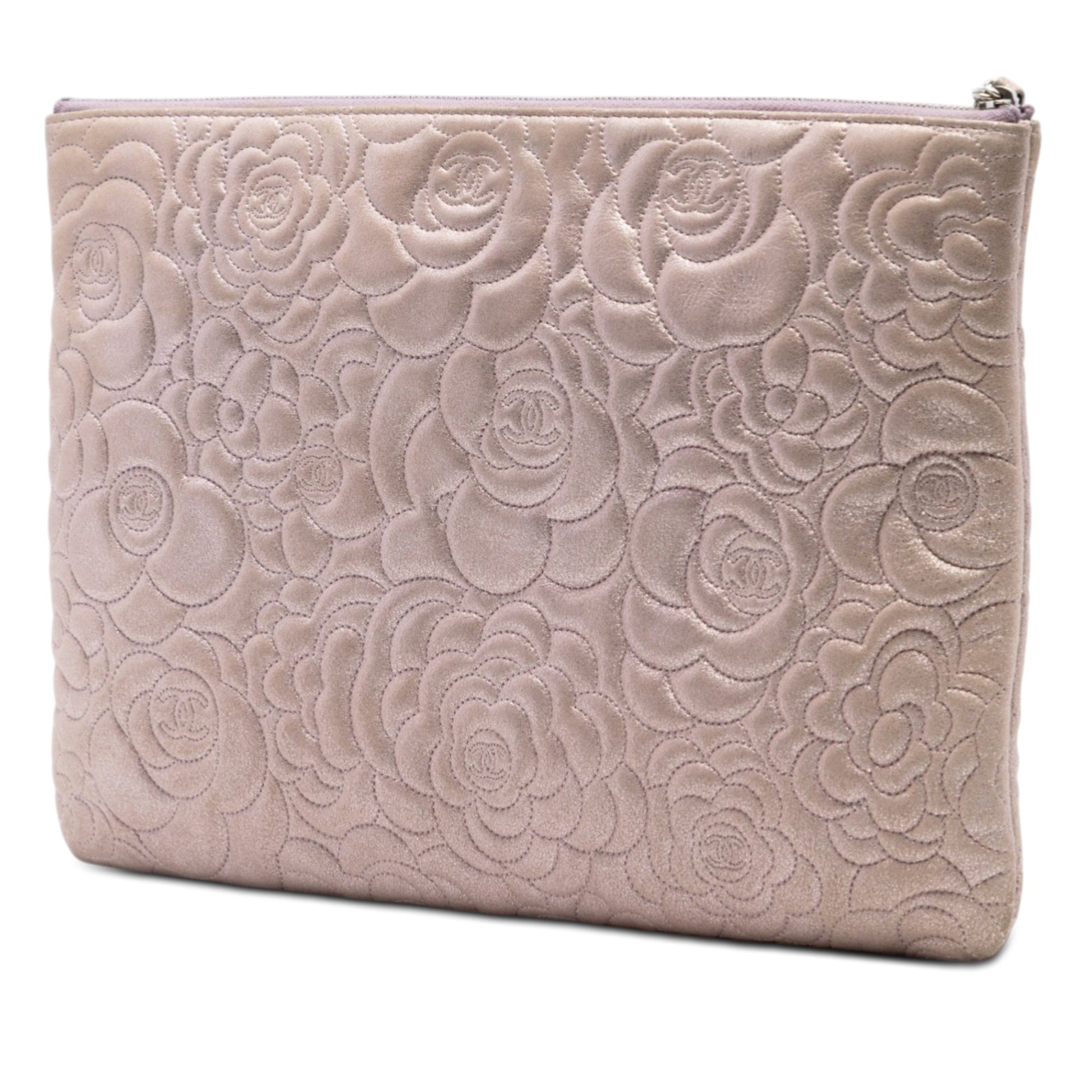 Chanel Large CC Embossed Metallic Lambskin Camellia O Case Clutch
