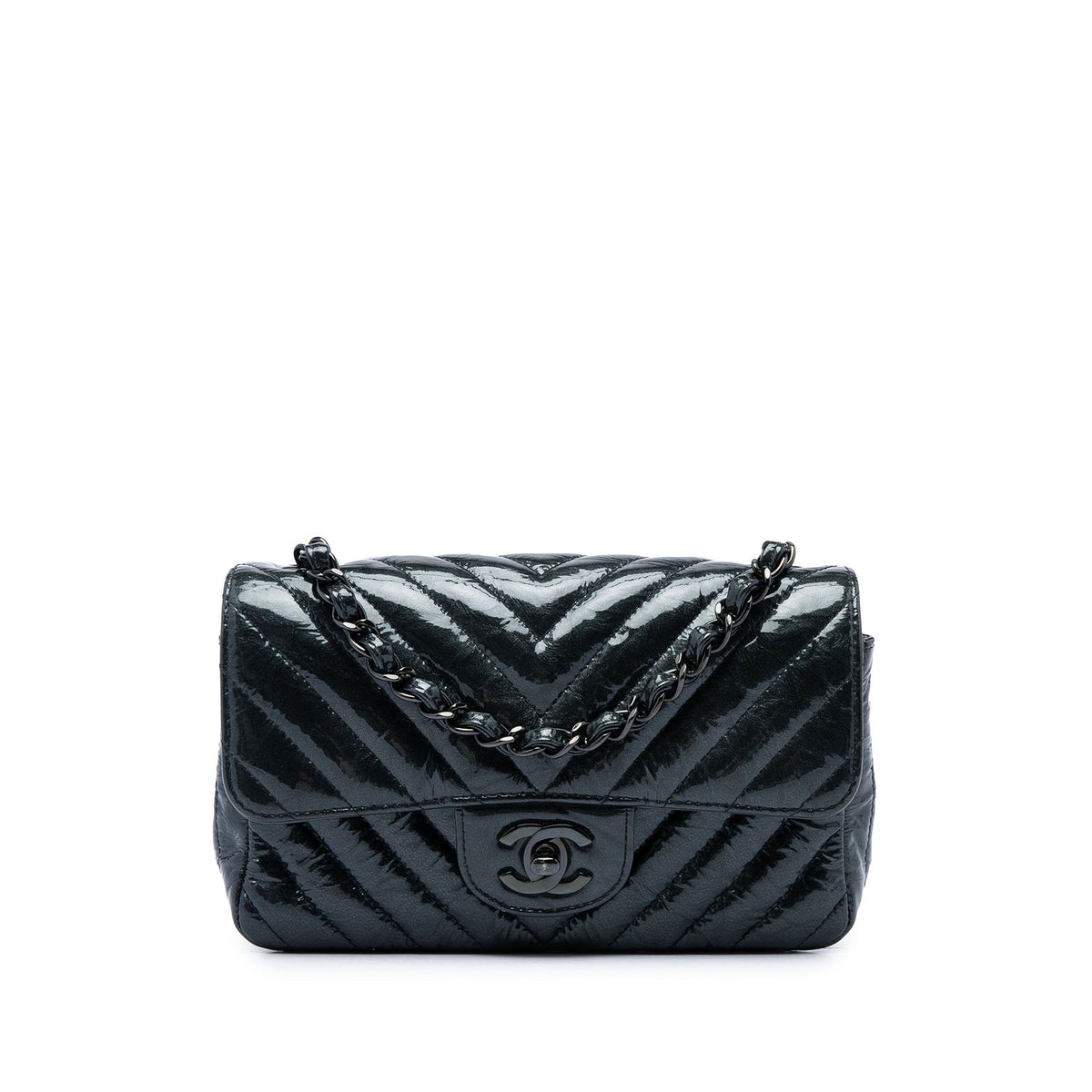 Chanel Mini Rectangular Classic Chevron Crumpled Patent So Black Single Flap