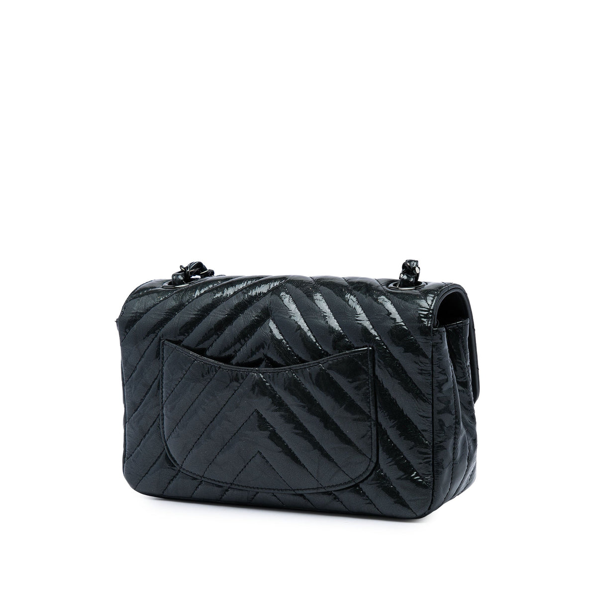 Chanel Mini Rectangular Classic Chevron Crumpled Patent So Black Single Flap