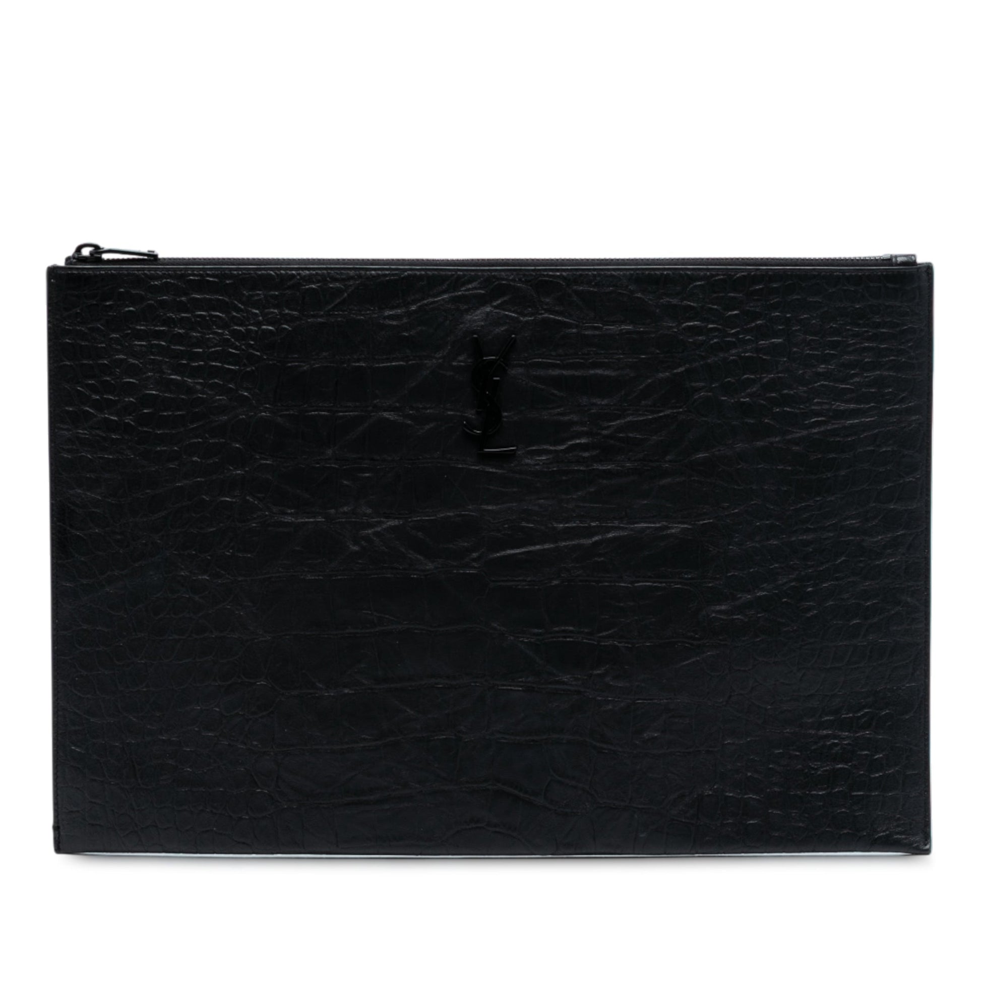 Saint Laurent Croc Embossed Leather Monogram Clutch