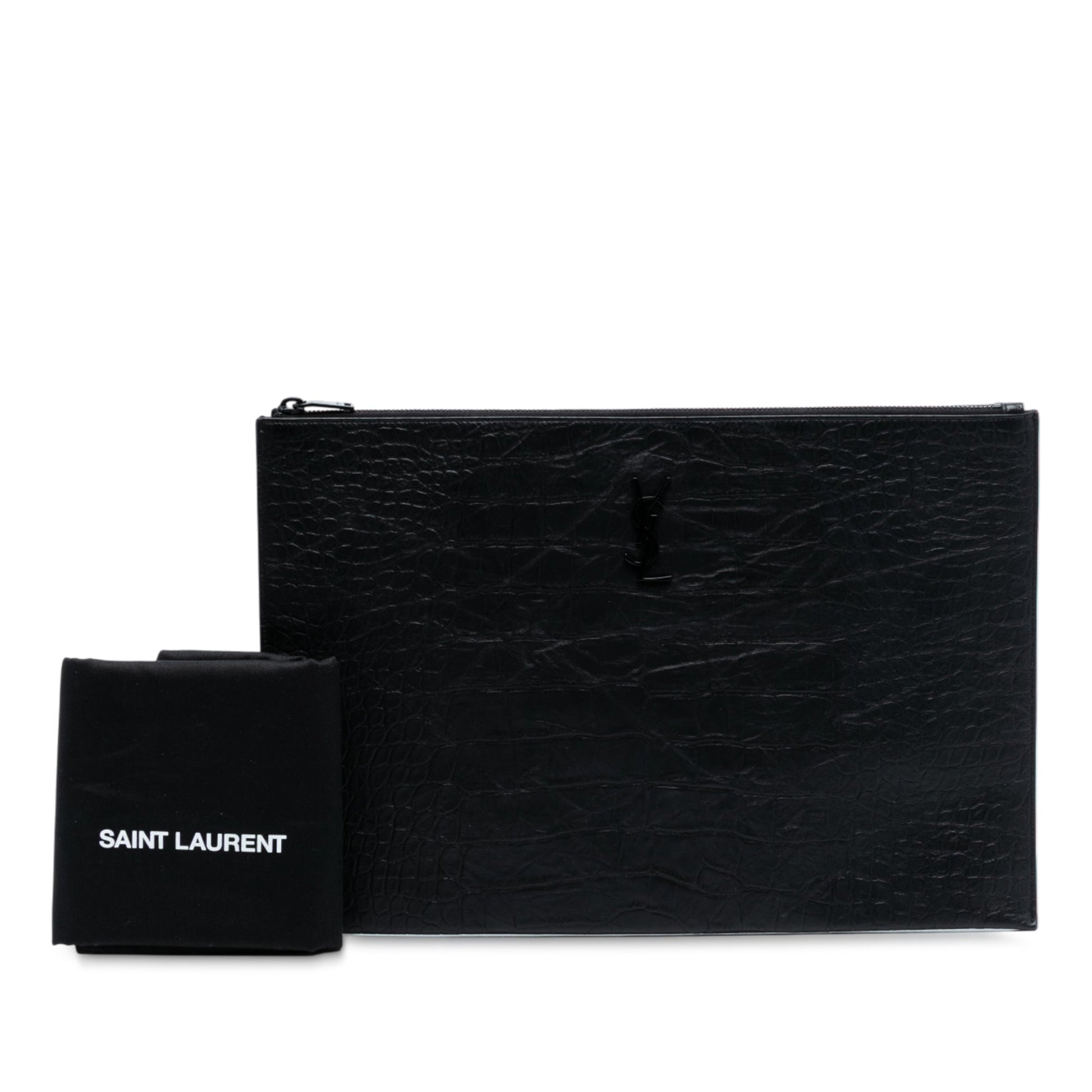 Saint Laurent Croc Embossed Leather Monogram Clutch