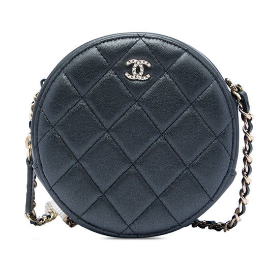 Chanel CC Quilted Iridescent Lambskin Pearl Round Clutch with Chain