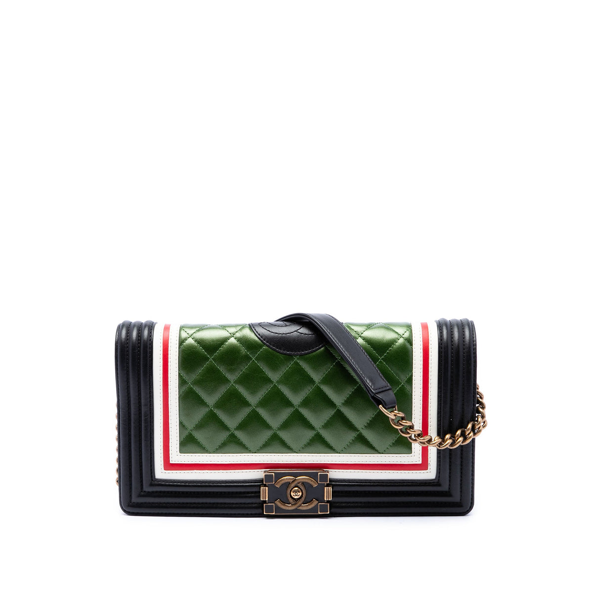 Chanel Multicolor Quilted Lambskin Crest East West Boy Flap — Green