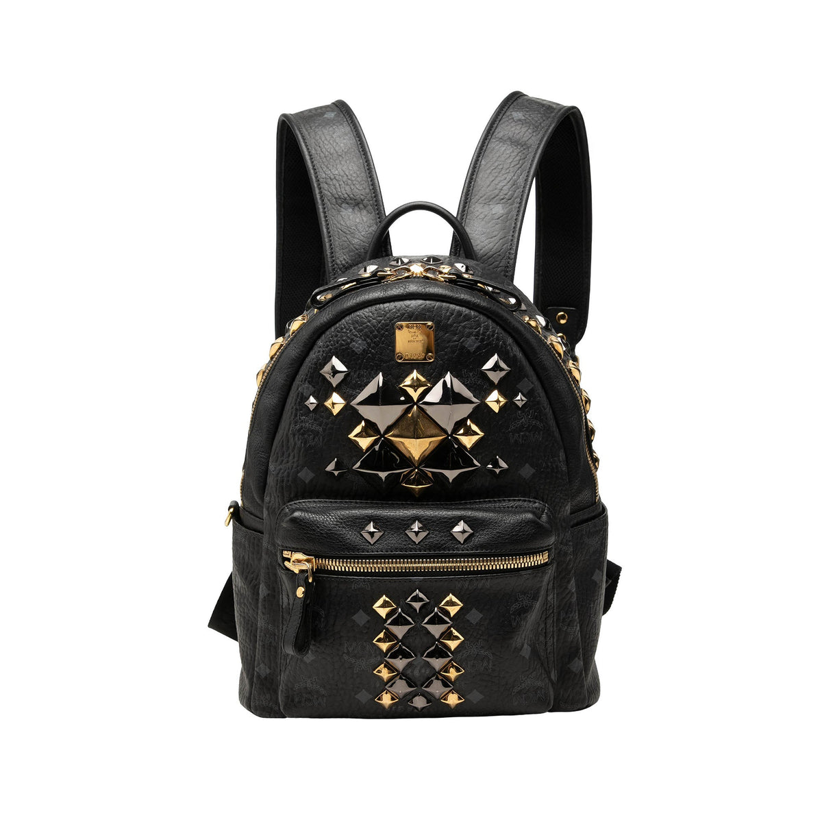 MCM Small Visetos Coated Canvas Studded Stark Brock Backpack — Black
