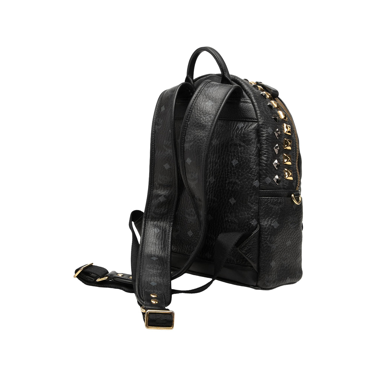 MCM Small Visetos Coated Canvas Studded Stark Brock Backpack — Black