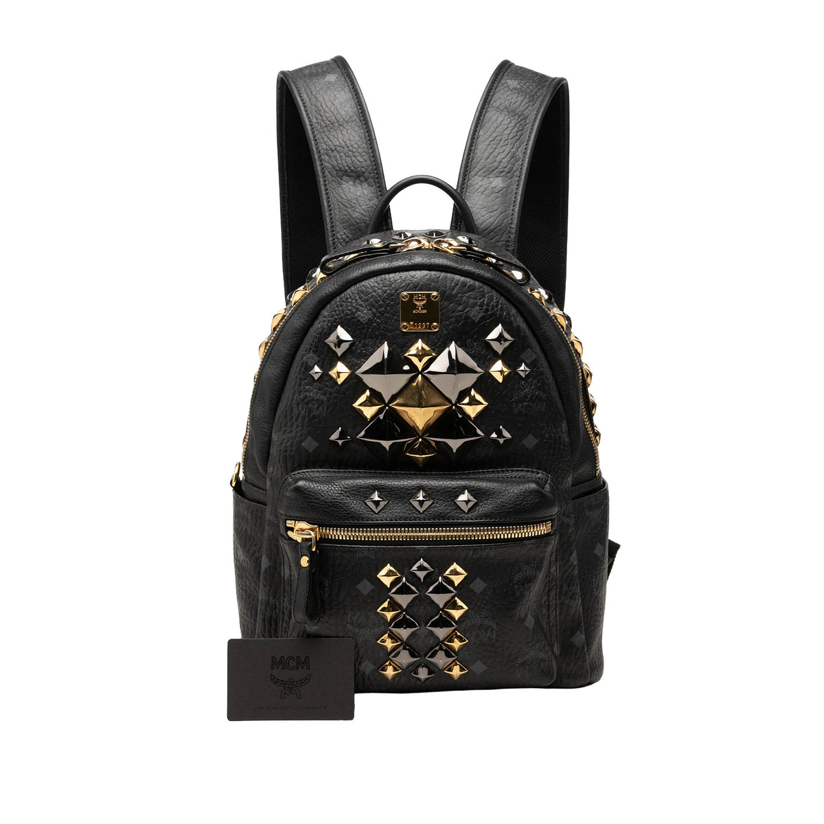 MCM Small Visetos Coated Canvas Studded Stark Brock Backpack — Black