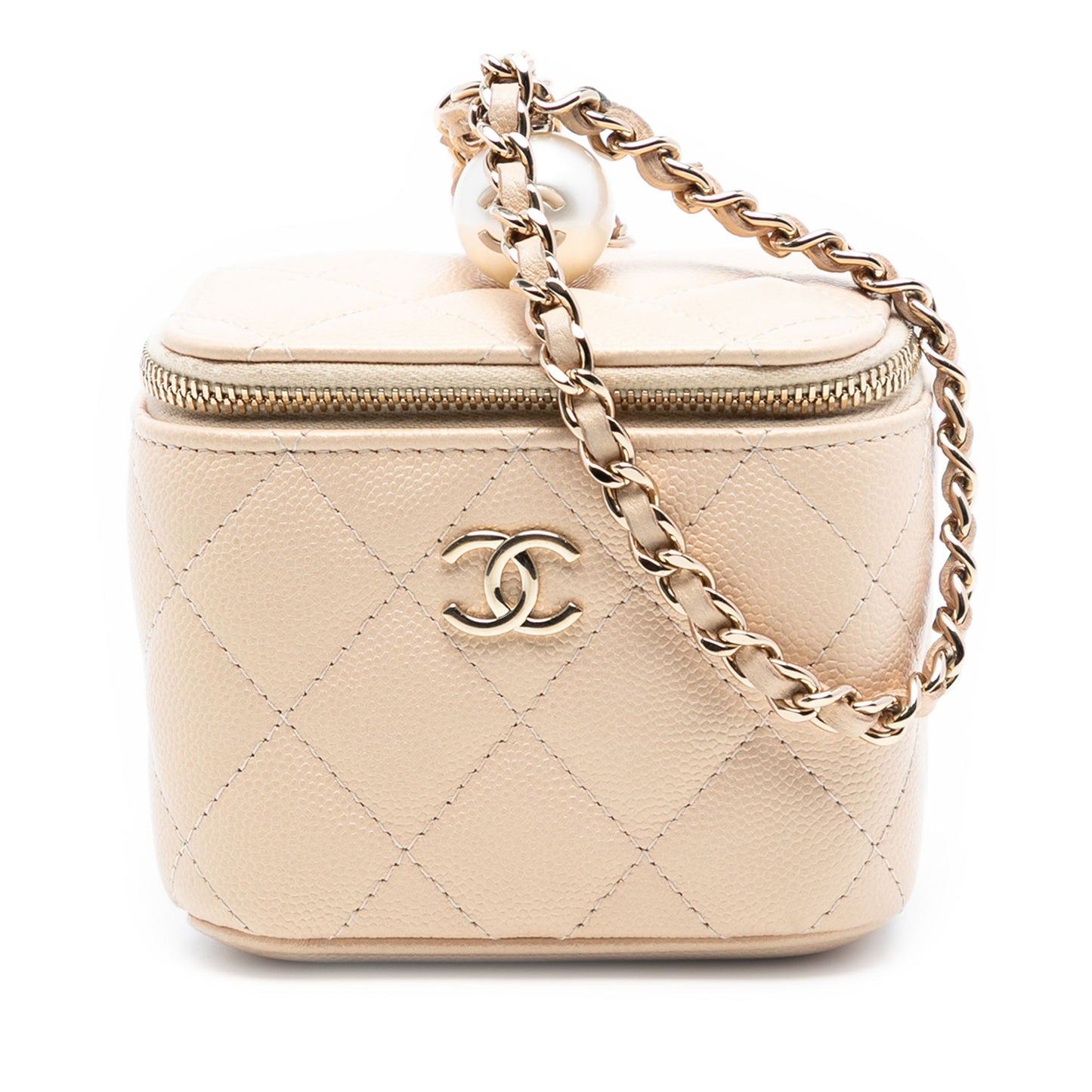 Chanel Mini Quilted Iridescent Caviar Pearl On Top Vanity Case With Chain