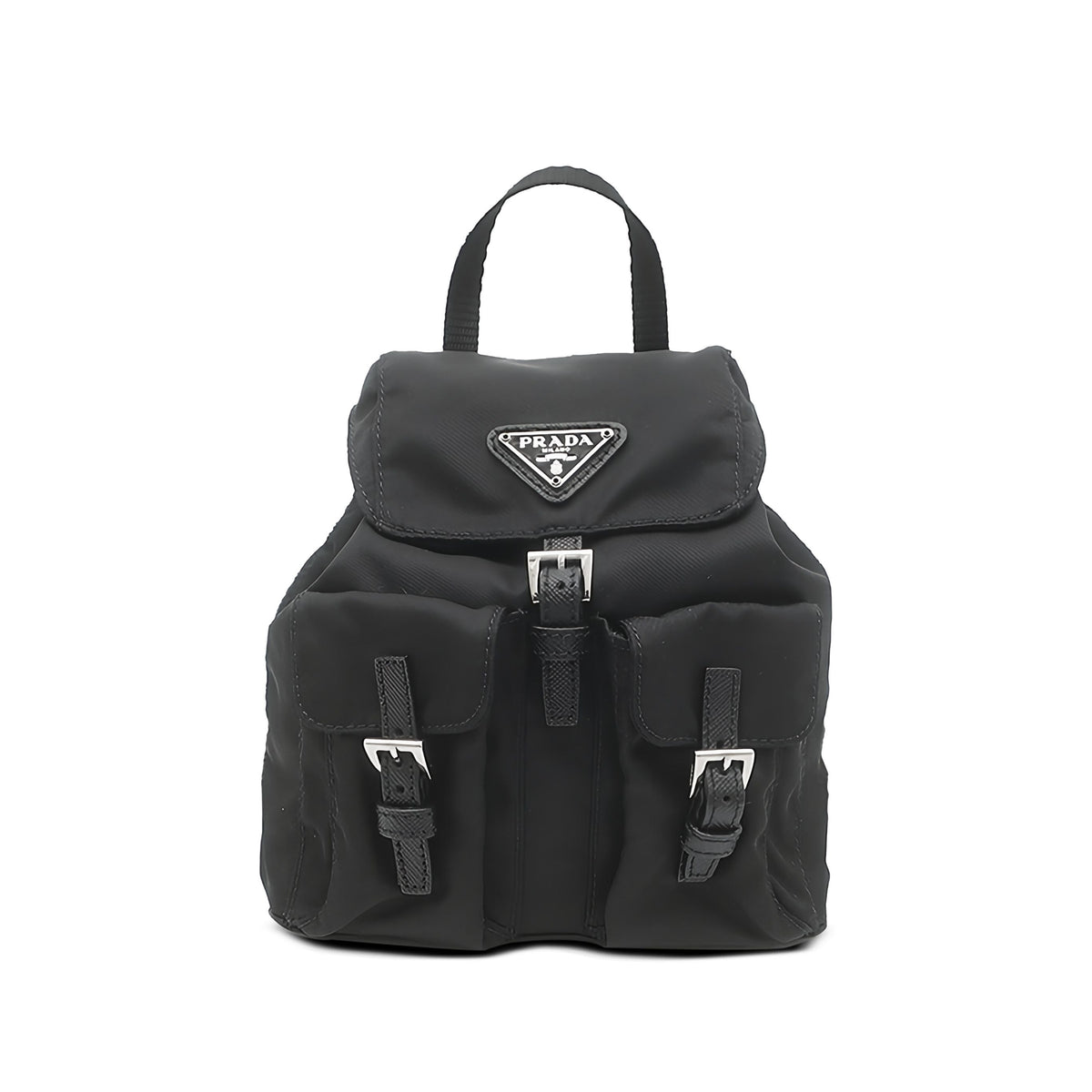 Prada Mini Saffiano Trimmed Tessuto Chain Backpack — Black