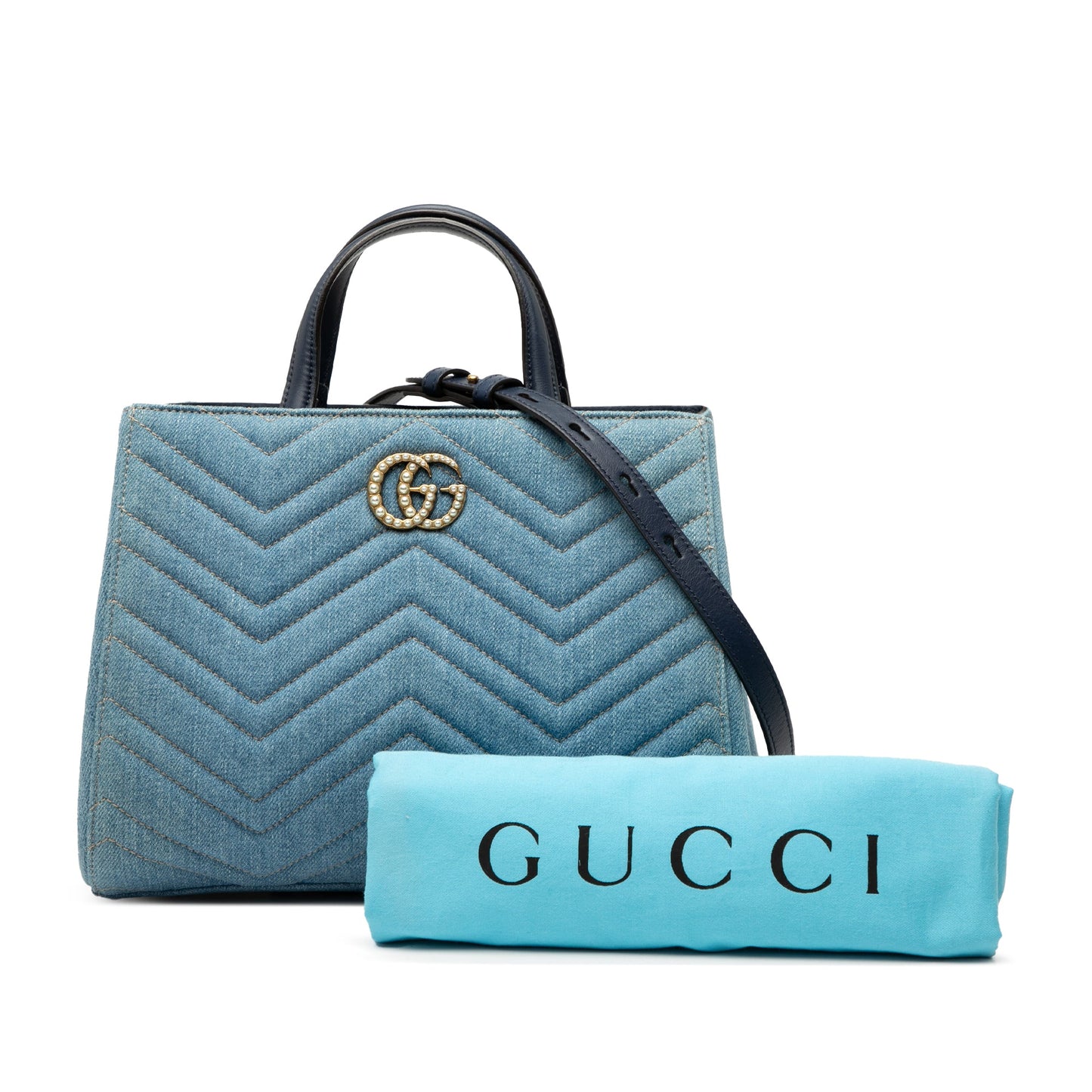 Gucci Small GG Marmont Matelasse Denim Pearly Satchel