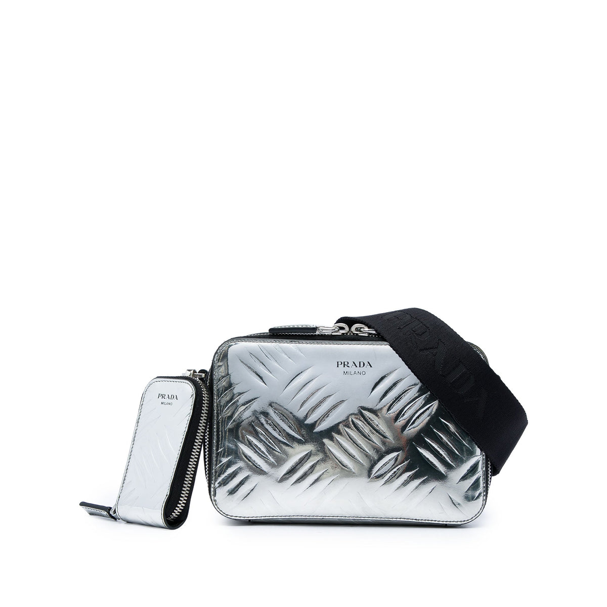Prada Metallic Spazzolato Embossed Leather Brique Crossbody — Silver