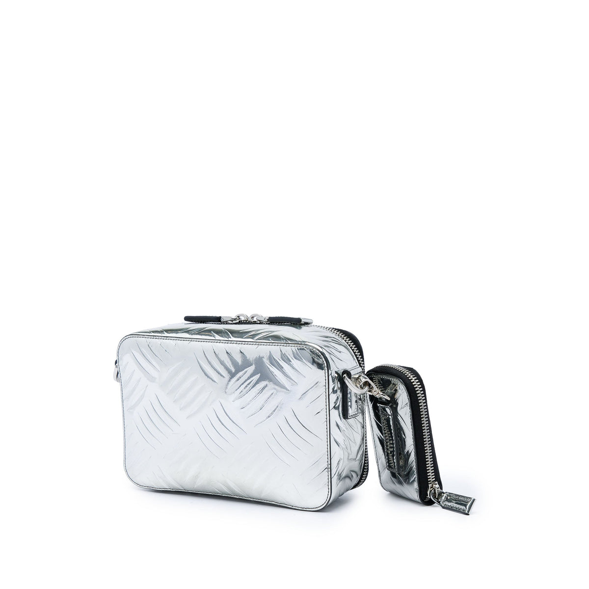 Prada Metallic Spazzolato Embossed Leather Brique Crossbody — Silver