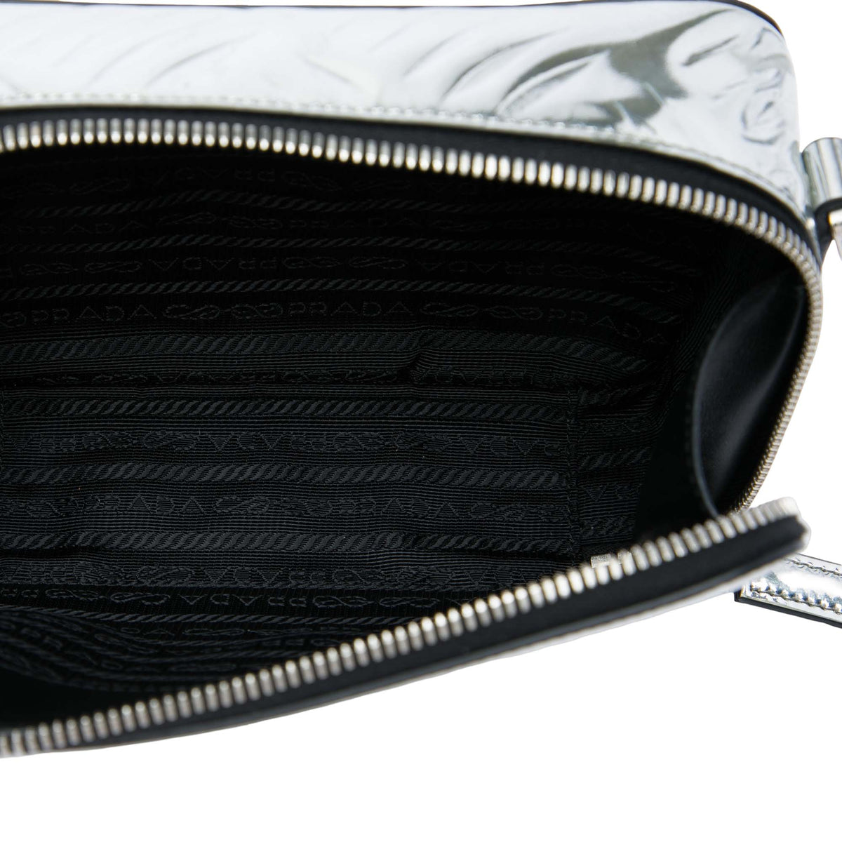 Prada Metallic Spazzolato Embossed Leather Brique Crossbody — Silver